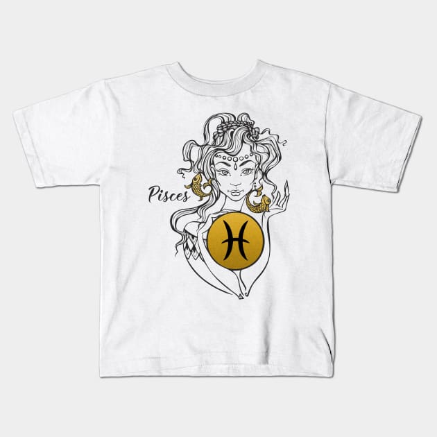 Pisces - Beautiful Girl Gold Illu Zodiac Kids T-Shirt by Art Consulate